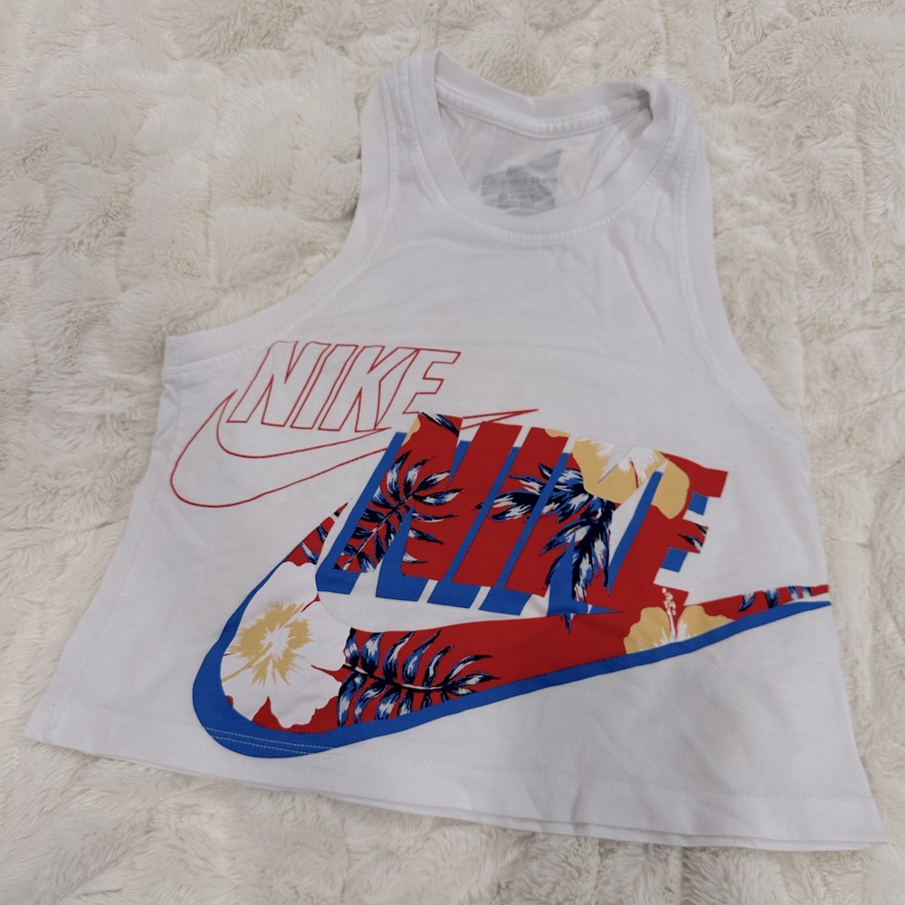 Gently used white XSmall Nike racerback cropped workout top with floral detail